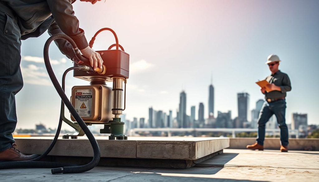 A detailed construction site showcasing the process of resin injection for slab lifting. In the foreground, a skilled technician in a business-casual outfit carefully operates a resin injection pump, with hoses connected to a visible crack in a concrete slab. The middle layer features the lifted slab, demonstrating a noticeable elevation, while a second technician observes the operation with a clipboard in hand, ensuring accuracy. In the background, a Melbourne skyline with iconic architecture looms under a clear blue sky, emphasizing the urban environment. Warm, natural lighting creates an inviting atmosphere, while a shallow depth of field focuses on the technicians and their work.