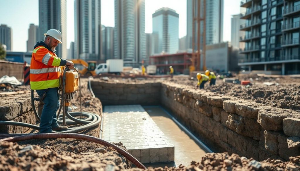 A detailed construction site showcasing the process of resin injection in underpinning. In the foreground, a worker in professional attire confidently operates a resin injection machine, with hoses and tools spread around. The middle ground features a pit being reinforced with fresh resin, which glistens under natural daylight, creating a sense of depth and focus. Behind and above, towering buildings of Melbourne can be seen, slightly blurred to emphasize the work in progress below. The atmosphere is industrious yet organized, with soft sunlight casting warm tones on the scene, highlighting the intricate details of the equipment and the resin application process. Capture this moment with a shallow depth of field to draw attention to the resin work as the primary subject.