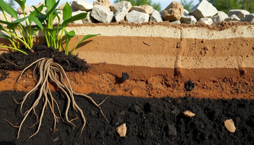A detailed cross-section of soil conditions for construction, focusing on the various layers of earth and their characteristics. In the foreground, showcase rich, dark topsoil with plant roots intertwined, gradually transitioning to lighter sandy soil mixed with clay in the middle layer. In the background, depict a rocky layer with boulders and deeper geological formations, illustrating the complexity of ground conditions. Utilize natural lighting to create a realistic, well-lit scene, focusing on textures and colors. A slight upward angle gives depth to the layers, enhancing the educational aspect. The mood should be informative and professional, highlighting the importance of understanding soil conditions in construction projects.