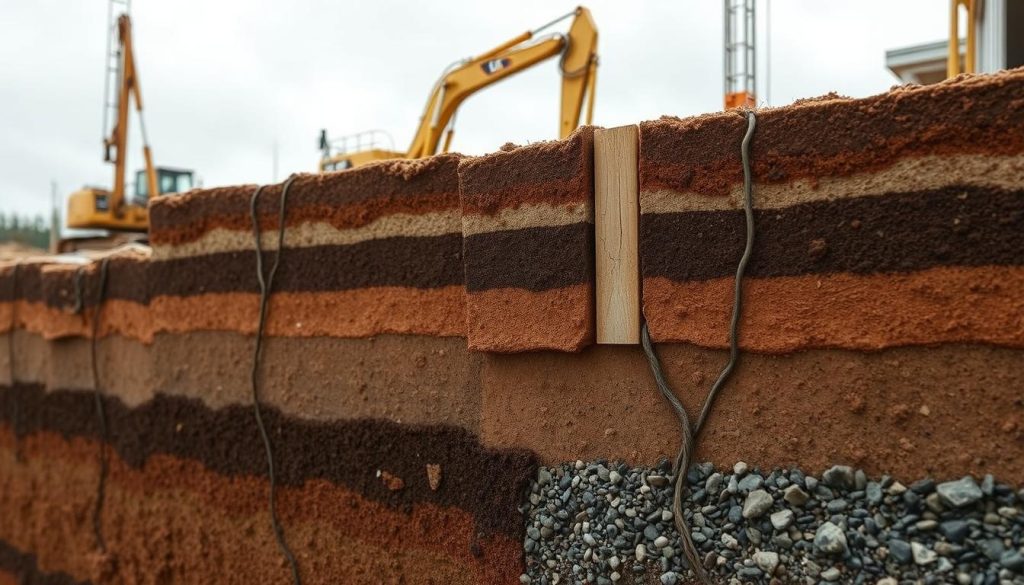 A detailed cross-section of soil layers illustrating different soil conditions relevant to underpinning risks. In the foreground, show various soil types like clay, sand, and gravel, with moisture levels visibly varied. In the middle, depict the interaction between the soil and foundation structures, with clear signs of potential instability such as cracks or shifting elements. The background should feature a construction site with heavy machinery and supportive beams being installed. Use soft, natural lighting to create a realistic atmosphere, capturing the essence of an overcast day. The viewpoint should be slightly angled, giving depth to the layers while maintaining a professional, informative tone suitable for educational purposes.
