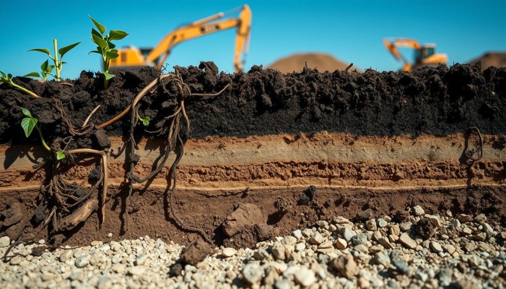 A detailed cross-section of soil layers in Melbourne, showcasing various soil conditions relevant to underpinning. In the foreground, rich, dark topsoil, with organic materials and small plant roots visibly integrated. The middle ground reveals lighter clay and sandy subsoil layers, interspersed with gravel, illustrating the complexity of the ground composition. In the background, a construction site with machinery and a clear blue sky, emphasizing the interplay between nature and urban development. Soft, natural lighting highlights the textures and colors of the soil, creating an earthy, professional mood. A low-angle perspective captures the depth of the soil layers, making the image both informative and visually striking. No human figures are present.