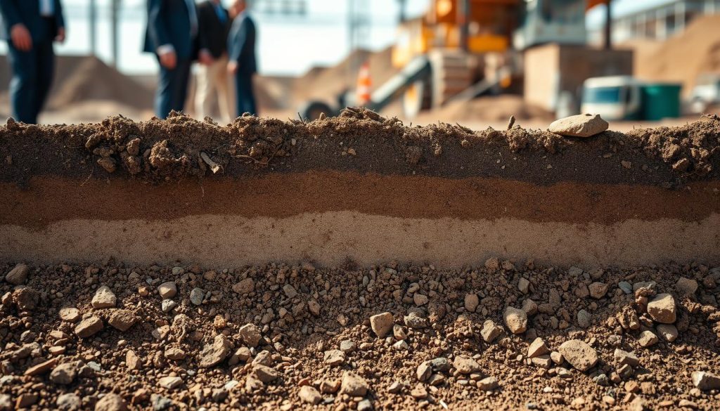 A detailed cross-section of various soil conditions typical to Melbourne, Australia, showcasing different layers of soil, gravel, and clay. In the foreground, vibrant brown dirt mixes with small rocks and roots to illustrate the diverse ground. The middle layer reveals a denser, darker clay soil, reflecting moisture retention, surrounded by sand and silt textures. The background features a blurred construction site with workers in professional business attire overseeing pressure grouting operations. The lighting is natural daylight, casting soft shadows to enhance the textures of the soil. The atmosphere is focused and industrious, emphasizing stability and reliability, suitable for a foundational engineering context.