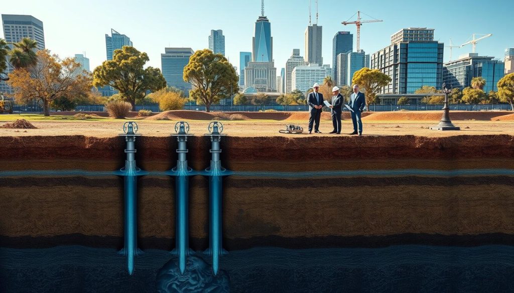 A detailed, cross-sectional view of groundwater foundations beneath a cityscape in Melbourne, showcasing the interaction between high groundwater levels and structural foundations. In the foreground, depict a clear, vertical slice of the earth revealing foundation piles and drainage systems, with water visibly tabled around them. In the middle ground, include construction workers in professional business attire examining blueprints next to foundation structures, ensuring a sense of activity and concern regarding high groundwater. The background should feature Melbourne's distinctive skyline with modern buildings and eucalyptus trees under a bright, clear sky, with soft sunlight casting gentle shadows. Use a wide-angle lens to capture the depth and complexity of the scene, creating a mood of urgency and diligence in addressing groundwater issues.