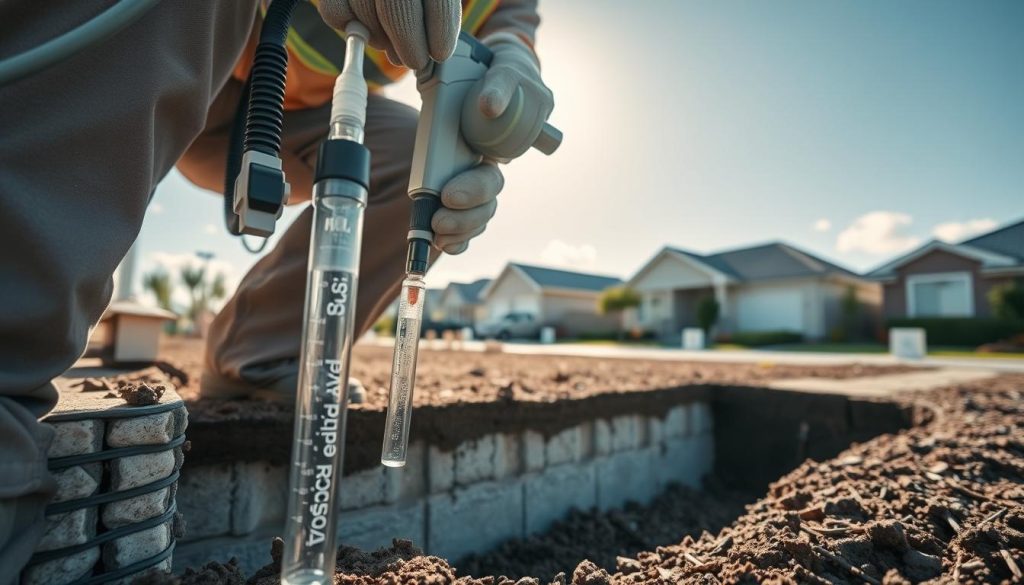 A detailed depiction of a resin injection solution being applied in a residential Melbourne home, focusing on a worker in professional attire using specialized equipment. In the foreground, showcase the injection process with clear resin tubes and tools, emphasizing precision and technology. The middle ground features a partially visible home foundation, illustrating where the resin is injected, with subtle indications of movement repairs. The background shows a typical Melbourne neighborhood with modern homes under a bright, sunny sky, evoking a sense of hope and improvement. Soft, natural lighting highlights the scene, creating an optimistic atmosphere, using a wide-angle perspective to capture the environment.