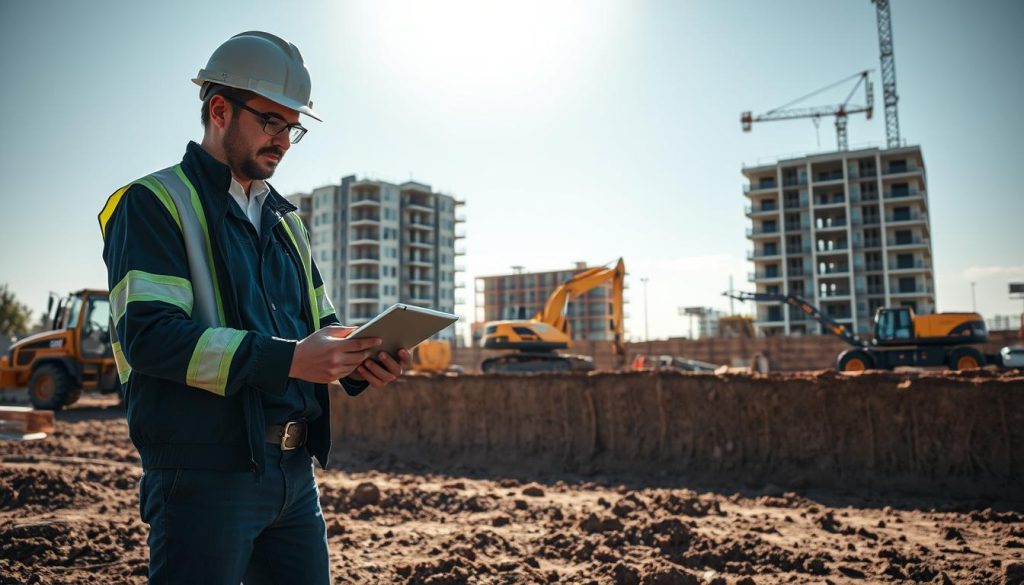 A detailed depiction of innovative ground improvement solutions in an urban setting. In the foreground, two engineers in professional attire are examining soil sample data using a digital tablet, set against a backdrop of construction equipment. The middle layer features advanced underpinning machinery actively working on a site, showcasing modern techniques for enhancing soil stability. In the background, a partially constructed building looms under a clear blue sky. Soft natural light filters through, casting gentle shadows that enhance the three-dimensionality of the scene. The overall mood is one of professionalism and progress, emphasizing the importance of thorough site assessments and effective ground improvement strategies.