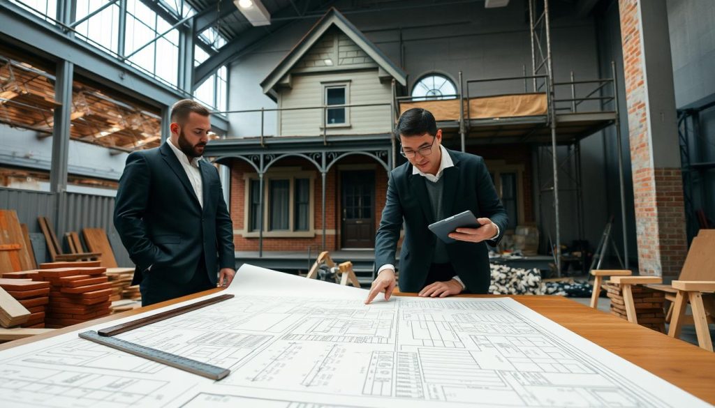 A detailed engineering process scene, showcasing a team of two engineers in professional attire working on structural analysis plans for an older Melbourne home. In the foreground, a large blueprint spread across a table, with a ruler and drafting tools. The middle ground displays two engineers collaborating, one pointing at the blueprint, and the other taking notes on a tablet, surrounded by building materials like bricks and steel beams. In the background, an older Victorian home under inspection, with scaffolding and equipment. Soft overhead lighting highlights the workspace, creating a focused, professional atmosphere. The scene should convey teamwork, precision, and compliance with regulations. Ensure the colors are warm and inviting, reflecting the character of Melbourne's historic architecture.