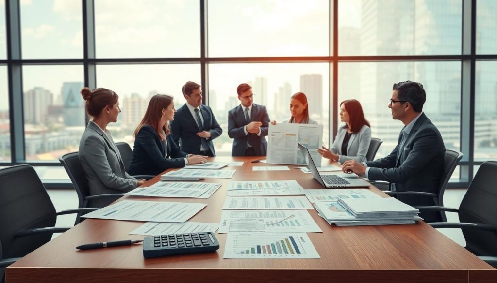 A detailed illustration depicting a professional setting focused on indicative costs and project planning. In the foreground, a well-organized conference table is covered with documents, graphs, and financial reports depicting costs and timelines, with a calculator and laptop. In the middle ground, a diverse group of professionals in business attire are engaged in a discussion, pointing at one of the reports and collaborating on ideas. In the background, a large window reveals a cityscape with modern buildings, suggesting a thriving urban environment. Soft, natural lighting illuminates the scene, creating a warm and focused atmosphere, with a slight depth of field effect emphasizing the table and discussions in the foreground. The image should evoke a sense of collaboration and professionalism.