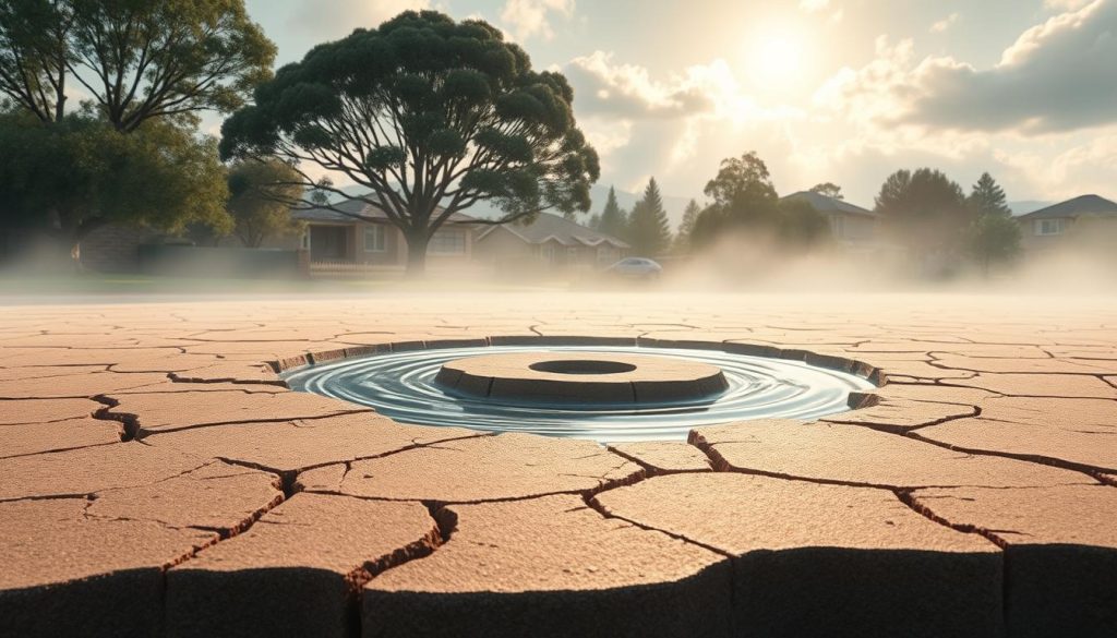A detailed illustration depicting the phenomena of edge heave, centre lift, and flood-related movement in Melbourne's reactive clay soils. In the foreground, showcase a cracked and uneven surface with visible heaving at the edges. The middle ground should feature a rising center area, with water pooling around it, reflecting light and creating subtle ripples. The background includes a landscape of suburban Melbourne, with trees and residential buildings partially obscured by a gentle mist, suggesting moisture in the air. Soft, diffused sunlight filters through the clouds, casting a serene yet slightly ominous atmosphere. Use a wide-angle lens effect to emphasize the spatial dynamics of the ground movement and water interaction, creating a compelling visual narrative of the subject matter.