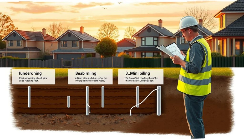 A detailed illustration depicting various underpinning methods for residential homes, focusing on a second-storey addition. In the foreground, show a construction professional in a hard hat and safety vest, examining floor plans next to a small excavation site. The middle ground features diverse underpinning methods, such as piled underpinning, beam and base methods, and mini-piling, with visual distinctions for each technique. In the background, a suburban Melbourne neighborhood with two-storey homes, highlighting the context of renovation. The scene is set during golden hour, with warm, natural lighting casting soft shadows, evoking a sense of active construction and care in home improvement choices. Use a slightly elevated angle to capture depth and perspective. No text or watermarks included.