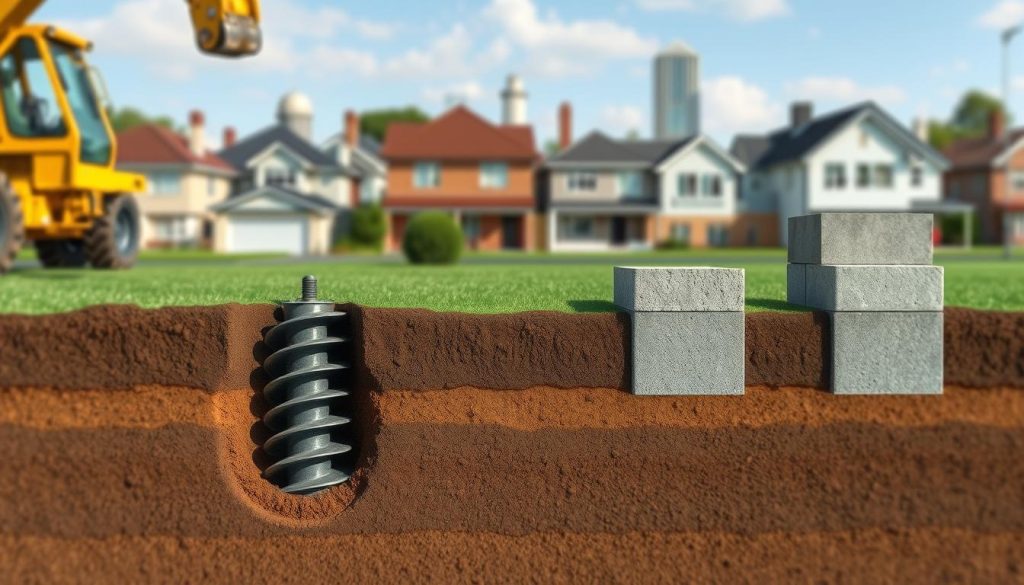 A detailed illustration depicting various underpinning methods, prominently featuring helical piers as the main focus. In the foreground, a helical pier being installed into the ground, showcasing its spiral design and heavy machinery used in the installation, like an auger or hydraulic equipment. In the middle ground, contrast this with traditional underpinning methods, such as shallow foundations and concrete underpinning elements, arranged side by side for comparison. The background should display a suburban Melbourne skyline to provide context. Use natural daylight to highlight detailed textures of the soil and materials, with a slight focus on depth of field to blur the distant houses, creating a sense of emphasis on the underpinning methods. The mood should be insightful and educational, inviting viewers to understand the differences in these construction techniques. A detailed illustration depicting various underpinning methods, prominently featuring helical piers as the main focus. In the foreground, a helical pier being installed into the ground, showcasing its spiral design and heavy machinery used in the installation, like an auger or hydraulic equipment. In the middle ground, contrast this with traditional underpinning methods, such as shallow foundations and concrete underpinning elements, arranged side by side for comparison. The background should display a suburban Melbourne skyline to provide context. Use natural daylight to highlight detailed textures of the soil and materials, with a slight focus on depth of field to blur the distant houses, creating a sense of emphasis on the underpinning methods. The mood should be insightful and educational, inviting viewers to understand the differences in these construction techniques.