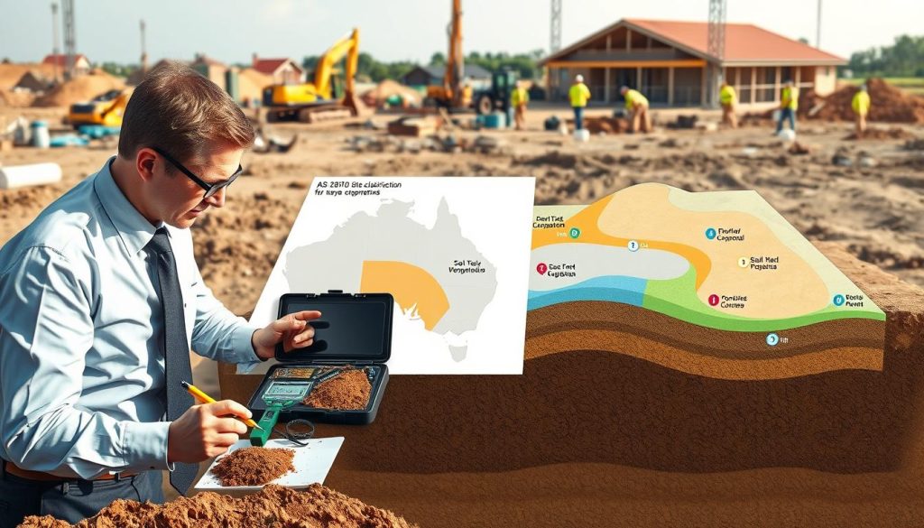 A detailed illustration of AS 2870 site classification, showcasing different soil types and their corresponding classifications in a professional context. In the foreground, a geotechnical engineer in business attire examines soil samples, using a testing kit with various instruments like a penetrometer and soil compaction meter. The middle ground features a large topographic map displaying different zones marked with color codes, representing their classifications. In the background, there is a construction site with machines and workers adhering to safety protocols, set under soft, natural daylight. The atmosphere is one of professionalism and meticulous analysis, emphasizing compliance and standards in geotechnical assessments. The composition highlights clarity, depth, and an informative layout, perfect for an educational article on underpinning. A detailed illustration of AS 2870 site classification, showcasing different soil types and their corresponding classifications in a professional context. In the foreground, a geotechnical engineer in business attire examines soil samples, using a testing kit with various instruments like a penetrometer and soil compaction meter. The middle ground features a large topographic map displaying different zones marked with color codes, representing their classifications. In the background, there is a construction site with machines and workers adhering to safety protocols, set under soft, natural daylight. The atmosphere is one of professionalism and meticulous analysis, emphasizing compliance and standards in geotechnical assessments. The composition highlights clarity, depth, and an informative layout, perfect for an educational article on underpinning.