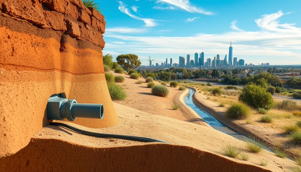 A detailed illustration of a Melbourne landscape showcasing drainage systems within sandbelt soils. In the foreground, focus on a cross-section of the soil layers, revealing sandy textures interspersed with a connected drainage pipe. The middle ground features a gently sloping terrain with small swales directing rainwater flow, surrounded by native Australian shrubs and grasses. In the background, depict a skyline of Melbourne with clear blue skies and subtly moving clouds, indicating a breezy atmosphere. Use soft, natural lighting to cast shadows, emphasizing the contours of the terrain. Capture the image from a slightly elevated angle to provide a comprehensive view of how local drainage interacts with the environment, conveying a harmonious balance of nature and engineered solutions. A detailed illustration of a Melbourne landscape showcasing drainage systems within sandbelt soils. In the foreground, focus on a cross-section of the soil layers, revealing sandy textures interspersed with a connected drainage pipe. The middle ground features a gently sloping terrain with small swales directing rainwater flow, surrounded by native Australian shrubs and grasses. In the background, depict a skyline of Melbourne with clear blue skies and subtly moving clouds, indicating a breezy atmosphere. Use soft, natural lighting to cast shadows, emphasizing the contours of the terrain. Capture the image from a slightly elevated angle to provide a comprehensive view of how local drainage interacts with the environment, conveying a harmonious balance of nature and engineered solutions.