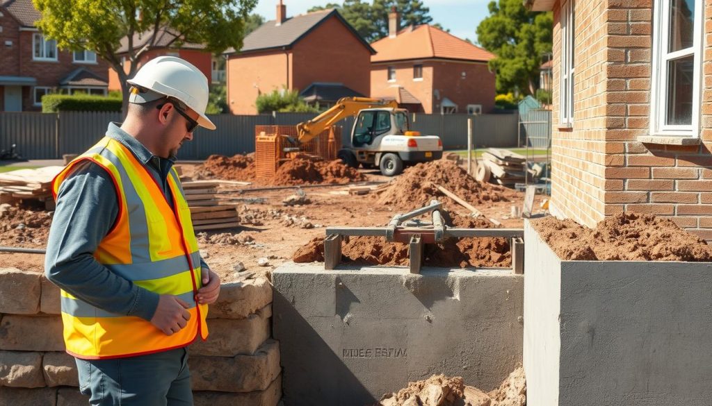 A detailed illustration of a construction site showcasing underpinning work in Victoria, Australia. In the foreground, a skilled worker in a hard hat and safety vest inspects a section of a home's foundation, focusing on the reinforced concrete underpinning. The middle ground features heavy machinery such as a hydraulic jack and excavation equipment, with piles of soil and construction materials nearby. In the background, a typical Melbourne suburban landscape with brick houses and green trees adds context. The lighting is bright and natural, simulating a sunny day, casting soft shadows that highlight the details of the materials used. The atmosphere conveys a sense of professional diligence and safety in construction practices.