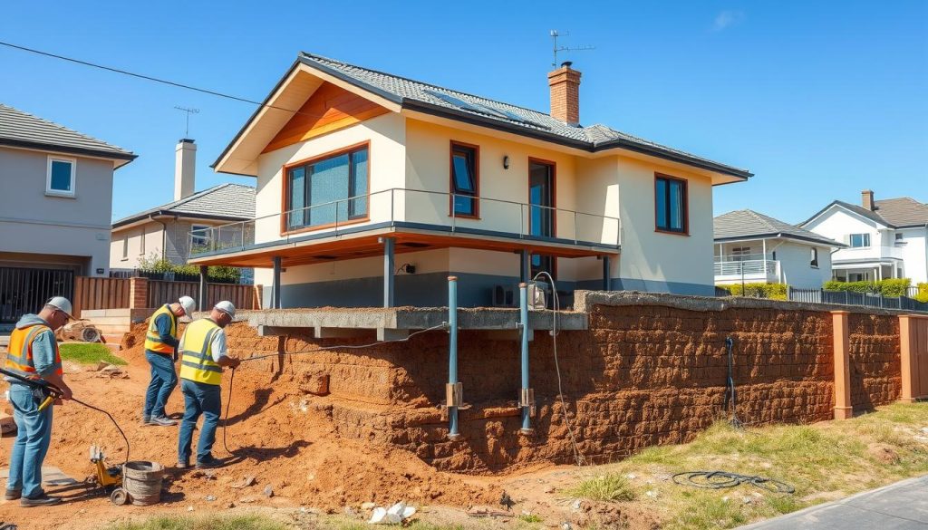 A detailed illustration of a house undergoing underpinning near a boundary wall in an urban Melbourne setting. In the foreground, construction workers in professional attire are carefully inspecting the house structure, surrounded by tools and equipment. The middle layer features the house with partial excavation, showcasing the underpinning process, with visible steel supports and concrete being poured. The background reveals neighboring houses and a clear blue sky, contributing to a suburban ambiance. The lighting is bright and natural, highlighting the construction elements and the labor involved. A wide-angle perspective captures the bustling activity while evoking a sense of professionalism and diligent work ethic in home improvement.