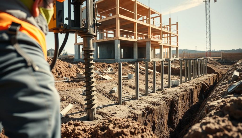 A detailed illustration of a mini pile underpinning process in a construction site setting. In the foreground, depict a skilled technician in a hard hat and safety gear, operating a hydraulic drill, with focused determination. In the middle ground, show several mini piles being expertly installed into the ground, with visible soil and construction tools scattered around. In the background, a partially constructed building is visible, showcasing foundation work. Utilize natural daylight to create a bright, professional atmosphere, with soft shadows enhancing depth. Capture the scene from a low angle to emphasize the mini piles and drill, conveying a sense of scale and importance in the construction phase.