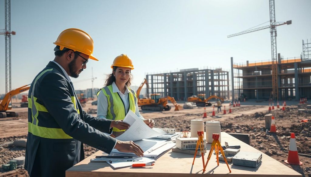 A detailed illustration of a process site assessment in a construction environment. In the foreground, a diverse group of three professionals, dressed in smart business attire and safety gear, is examining blueprints and discussing plans around a large table covered with documents and architectural models. In the middle ground, construction equipment like excavators and scaffolding are visible, along with measuring tools and survey markers placed around the site. The background shows a partially completed building structure against a clear blue sky, with workers in the distance engaged in various tasks. Soft natural lighting creates a professional atmosphere, highlighting the determination and collaboration involved in the assessment process. The composition captures a focused, industrious mood, emphasizing safety and compliance in engineering practices.