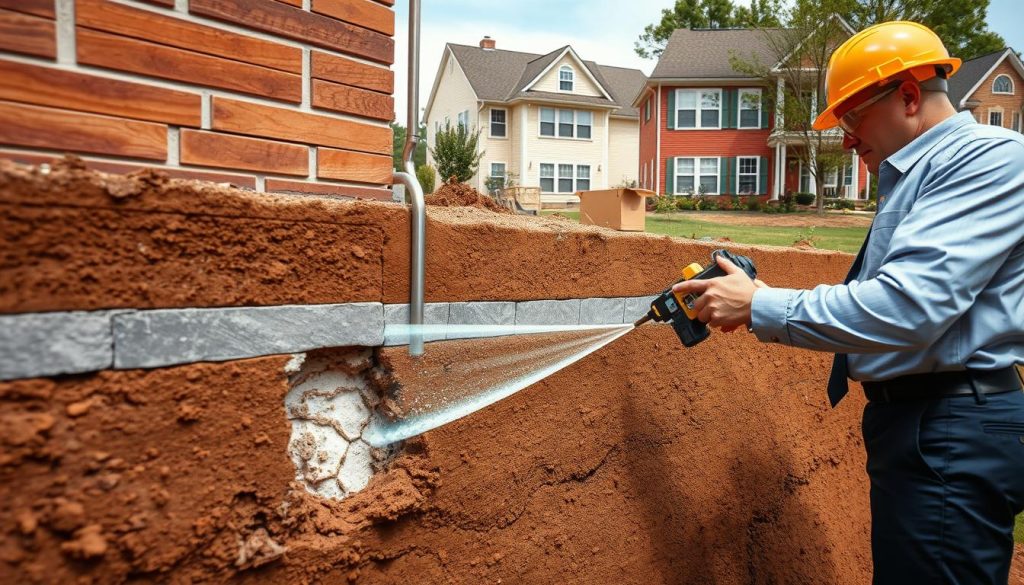 A detailed illustration of a resin injection process for underpinning, showcasing a construction site with a focus on shared wall boundaries. In the foreground, a technician in professional business attire is injecting resin into an exposed foundation crack with a specialized tool, wearing safety gear. The middle layer features a partially excavated foundation wall, emphasizing the resin filling and a clear view of the structural repair process. In the background, a residential building with neighboring properties displays adjacent walls, hinting at the proximity of the underpinning work. The lighting is bright and even, creating a clear and technical atmosphere. The image utilizes a wide-angle lens to capture both the intricate details of the process and the broader context of boundary-friendly solutions.