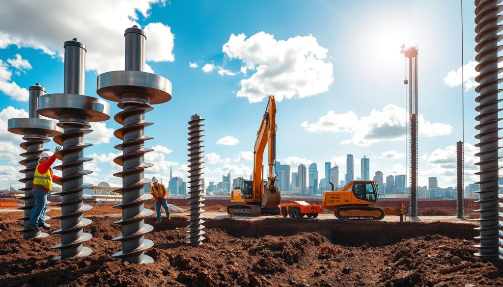 A detailed illustration of a screw piling design, showcasing various screw piles being installed in a construction site in Melbourne. In the foreground, several large, metallic screw piles are being driven into the ground, with construction workers in professional attire operating machinery. The middle ground features an excavator carefully maneuvering, while piles and soil are clearly visible, indicating groundwork challenges. In the background, the city skyline of Melbourne can be seen under a bright sunny sky, with fluffy clouds adding depth. The lighting is natural and vivid, emphasizing the textures of the metal and soil. The image captures the bustling atmosphere of a construction site, illustrating the engineering solutions for high groundwater foundations.