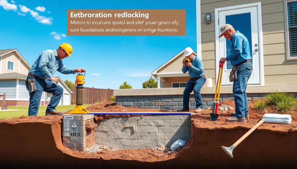 A detailed illustration of a structured repair process for foundation issues, showcasing a team of two professionals in modest, professional work attire actively engaged in underpinning and reblocking techniques. In the foreground, visualize one worker using a hydraulic jack to elevate a part of the home's foundation, while the other measures critical dimensions with a laser level. In the middle ground, display a partially excavated area revealing the foundation's condition, with tools like shovels and concrete mix nearby. The background features a residential property, with a clear blue sky overhead, allowing natural light to highlight the intricate details of the repair process. The atmosphere is focused and industrious, reflecting a sense of expertise and care in maintaining structural integrity.
