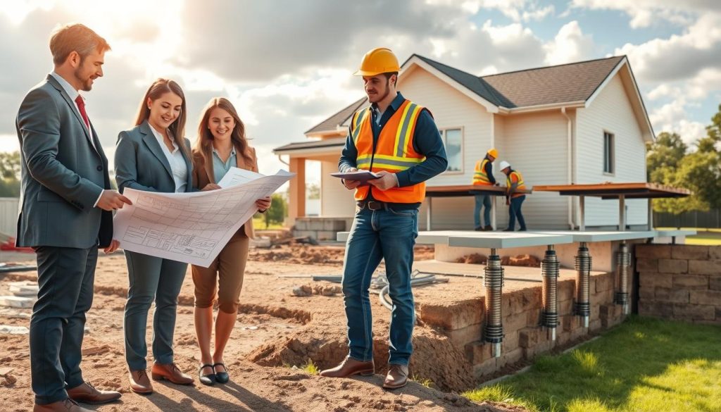 A detailed illustration of foundation repair solutions in Hume, focusing on a construction site. In the foreground, a group of three diverse professionals, dressed in professional business attire, examines blueprints on a clipboard, discussing underpinning techniques. In the middle ground, robust foundation support structures are being installed, showcasing hydraulic jacks lifting a home's foundation, and workers in safety gear are pouring concrete. The background features a house with visible cracks in the foundation, illustrating the problem being addressed. Soft afternoon sunlight filters through a partly cloudy sky, casting gentle shadows, creating a professional and optimistic atmosphere that conveys efficiency and expertise in foundational repair work.