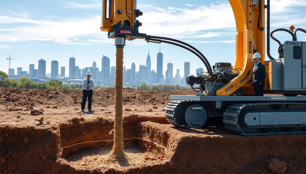 A detailed illustration of the jet grouting process, showcasing the intricate machinery and techniques used in underpinning foundations. In the foreground, a sophisticated jet grouting rig is actively injecting a high-pressure grout mix into the ground, with visible jets of material erupting from the nozzles. The middle ground features construction workers in professional business attire, overseeing the operations, while observing the soil interaction and the changes in ground consistency. In the background, a Melbourne skyline emerges, with recognizable architectural landmarks silhouetted against a clear blue sky. The scene is captured in natural daylight, providing sharp contrasts and highlighting the textures of the equipment and soil. The overall mood conveys a sense of professionalism and technological advancement in construction.