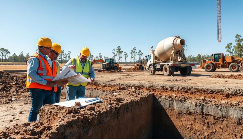 A detailed illustration of the "method concrete" foundation process in a construction scene, showcasing a team of engineers assessing soil and foundation integrity. In the foreground, depict a group of professionals in hard hats and safety vests examining soil samples and blueprints on a clipboard. The middle ground should feature a concrete mixer truck preparing to pour a strong foundation, with workers in the background operating heavy machinery. Use natural daylight to highlight the textures of the concrete and soil, creating a bright, informative atmosphere. The background should showcase a construction site with distant trees, indicative of the Nillumbik landscape, and a clear blue sky. Emphasize the sense of collaboration and professionalism in the image, reflecting the theme of selecting the right foundation method.