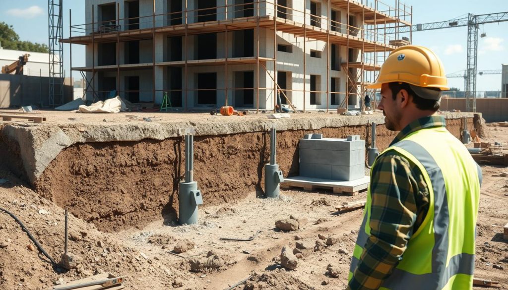 A detailed illustration of the underpinning process in a construction setting. In the foreground, show a construction worker wearing a hard hat and safety gear, examining the ground where underpinning work is taking place. In the middle ground, depict the underpinning process at different stages: one area showing excavated soil, another with steel supports being installed, and a section where concrete is being poured for stabilization. The background features a partially constructed building, scaffolding, and construction tools scattered around. Use natural daylight to illuminate the scene, creating soft shadows and highlighting the textures of the materials. The atmosphere conveys a sense of teamwork and industriousness, emphasizing the importance of safety and precision in construction work.