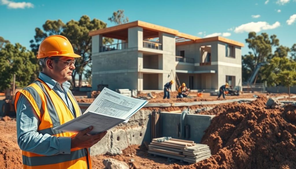 A detailed illustration of the "underpinning services process" featuring a construction site. In the foreground, depict a professional engineer in a hard hat and safety vest, examining architectural plans on a clipboard. In the middle ground, show workers in professional attire using modern tools to underpin a foundation, including hydraulic jacks and concrete reinforcement materials. The background showcases a partially completed building structure under a clear blue sky, surrounded by trees typical of Glen Eira. Soft daylight illuminates the scene, casting gentle shadows and highlighting the textures of concrete and machinery. The atmosphere is focused and industrious, conveying a sense of precision and attention to detail in the engineering process.