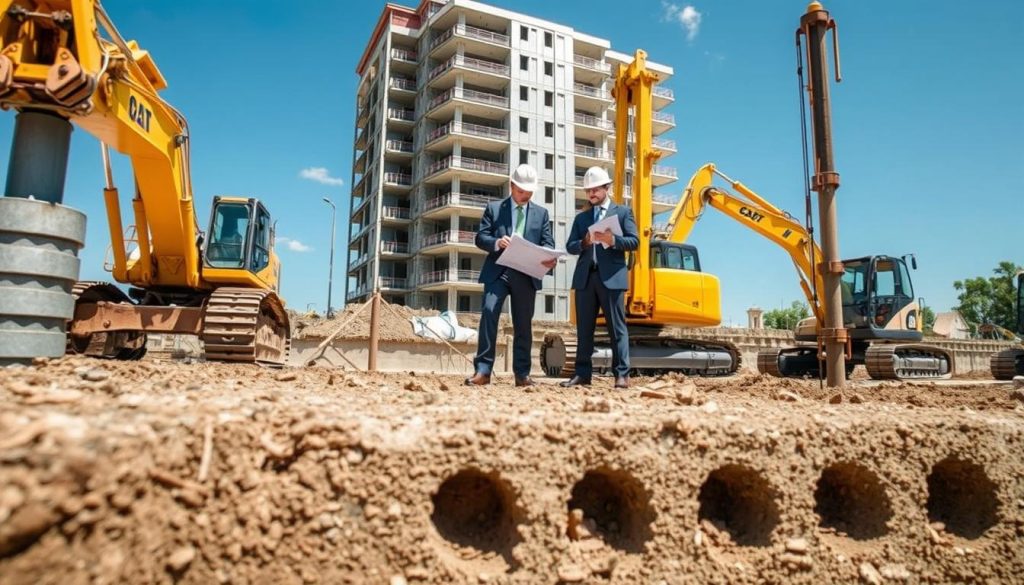 A detailed illustration of underpinning techniques in a construction environment. In the foreground, showcase various underpinning methods such as piering systems and helical piles with detailed textures highlighting their materials. In the middle ground, depict construction professionals wearing professional business attire, carefully examining structural plans and discussing techniques amidst machinery like excavators and drill rigs. The background features a partially constructed building and a clear blue sky, evoking a sense of progress and innovation. Use bright, natural lighting to emphasize clarity and focus, capturing the technical environment. Angle the view slightly from above to encompass both the activity and the tools in use, creating an informative and dynamic composition that highlights the theme of construction underpinning methods.