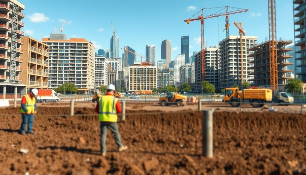 A detailed illustration of various construction sites in Melbourne suitable for micropile underpinning. In the foreground, depict a construction area with workers dressed in professional safety attire, examining soil and concrete samples. The middle ground showcases several buildings in varying conditions—some sturdy, others showing signs of structural stress—with construction equipment in operation. The background features a skyline of Melbourne, slightly blurred to indicate depth. Use natural daylight to create a bright and clear atmosphere, with soft shadows emphasizing the structures. A slight angle from a low viewpoint gives a sense of scale and importance to the construction efforts, reflecting a mood of diligent preparation and modernization in urban infrastructure.