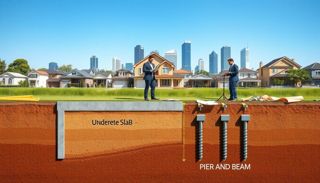 A detailed illustration of various foundation types suitable for Melbourne homes, showcasing the differences between underpinning and restumping. In the foreground, display a cross-section of a home's foundation, clearly labeled with different foundation types such as concrete slab, pier and beam, and screw piles. The middle ground features a construction site with professionals in business attire examining plans, using tools, and inspecting the foundations. In the background, a suburban Melbourne skyline with various architectural styles visible under a clear blue sky, creating a realistic and informative atmosphere. The lighting should be bright and natural, mimicking midday sun, with a slightly elevated angle to enhance depth and perspective. The mood is focused and professional, conveying a sense of expertise in home foundation solutions.
