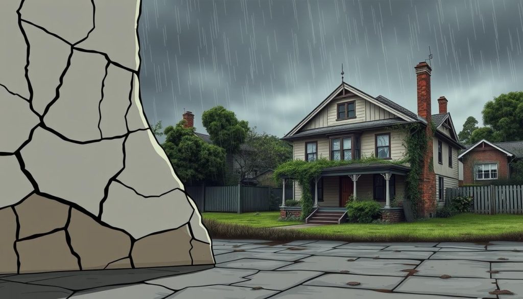 A detailed illustration of various signs indicating that a home in Darebin may require underpinning. In the foreground, showcase a close-up view of cracked walls and uneven flooring, emphasizing the structural issues with visible tension lines. The middle ground includes a distressed exterior of a classic Darebin home with sagging foundations, misaligned windows, and creeping vegetation that suggests neglect. In the background, a rainy, overcast sky casts a somber, gloomy atmosphere, enhancing the feeling of concern and urgency. Soft, diffused lighting highlights the textures of the home’s surfaces, while a slightly tilted perspective creates a sense of unease. This unembellished scene should evoke a serious tone, emphasizing the importance of recognizing these warning signs in home maintenance.