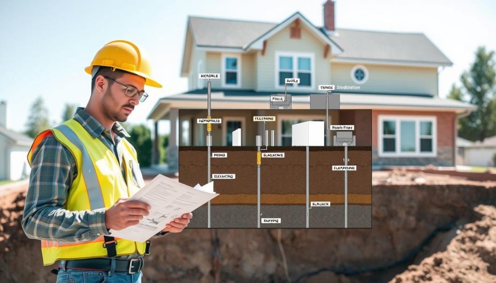 A detailed illustration of various underpinning methods for residential foundations, featuring distinct techniques such as micropiles, piering, and slabjacking. In the foreground, show a construction worker in a hard hat, wearing professional work attire, examining a diagram on a clipboard. The middle layer should depict multiple underpinning systems, each with labeled components, demonstrating their setup and application. In the background, a suburban home with a partially excavated foundation reveals the importance of underpinning. The image should be well-lit, showcasing bright daylight to emphasize clarity and precision. A slight tilt-angle view can enhance depth, creating an informative and engaging atmosphere that captures the technical aspects of underpinning.