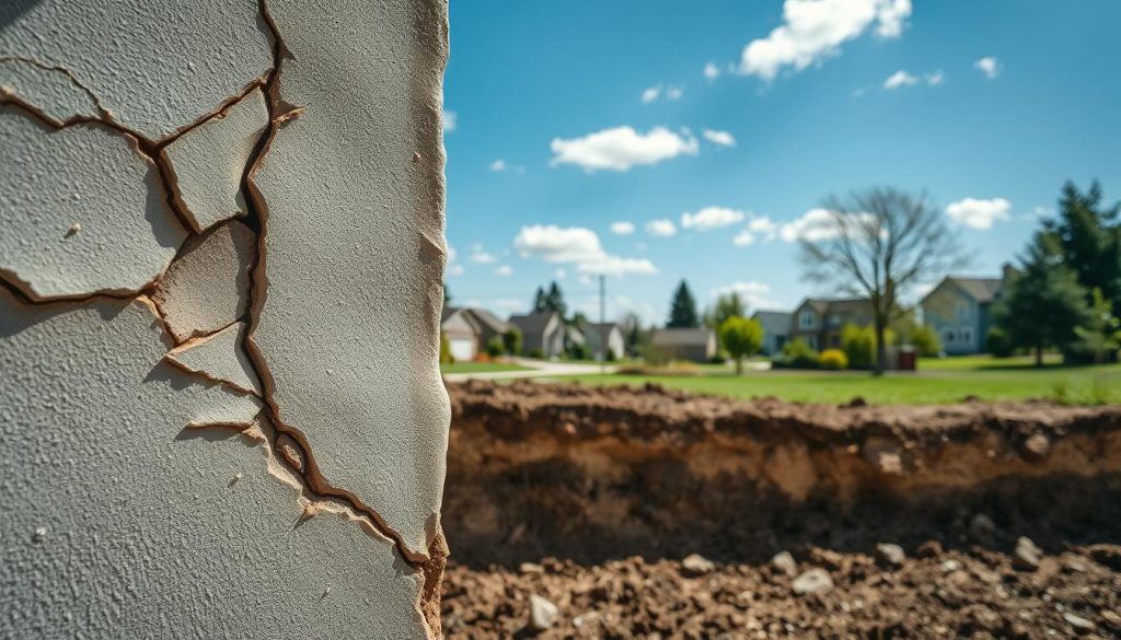 A detailed illustration of wall cracks in a building, focusing on causes related to foundation movement, such as subsidence and settlement. In the foreground, a close-up of a cracked wall shows uneven, jagged fissures and peeling paint, revealing the stress on the structure. The middle ground features a partially exposed foundation with soil shifting and a few scattered stones, emphasizing ground conditions. In the background, a suburban landscape under a bright blue sky, with trees and homes, subtly reflects normality juxtaposed with the unsettling scene. The lighting is natural, capturing soft shadows to enhance texture, while the angle is slightly tilted to convey instability, creating a tense but informative atmosphere.