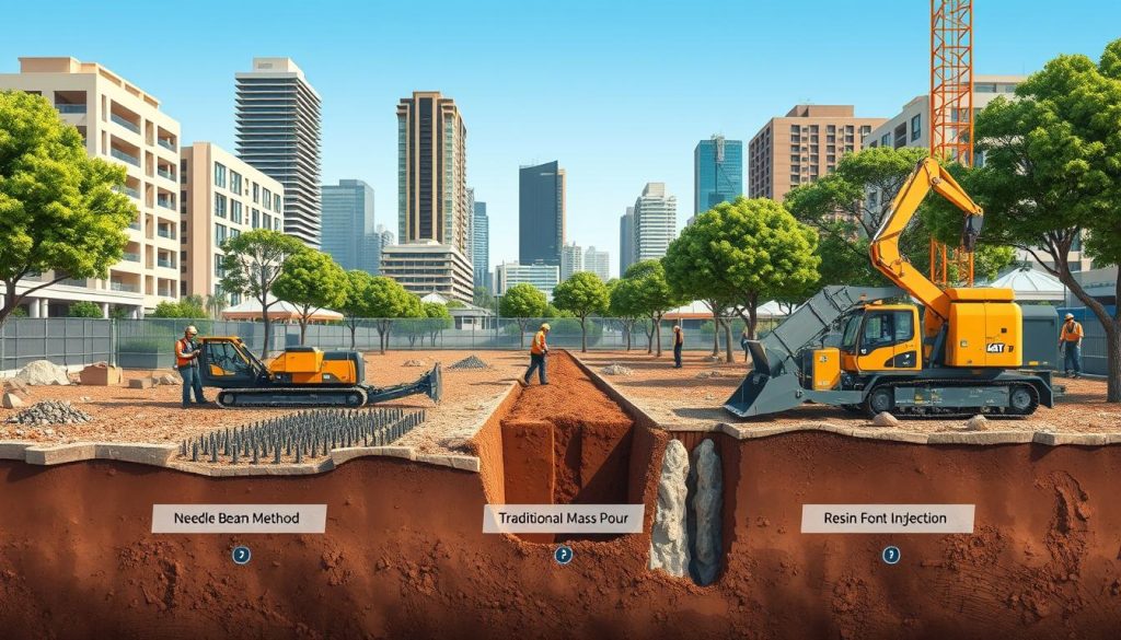 A detailed illustration showcasing three underpinning methods in a construction setting. In the foreground, depict a needle beam method with skilled workers in professional attire operating equipment. In the middle ground, illustrate a traditional mass pour setup with concrete being poured into a trench, showcasing workers collaborating efficiently. Furthermore, include the resin injection method represented by a technician applying resin to a foundation crack using specialized machinery. The background should feature an urban Melbourne setting with high-rise buildings, trees, and a clear blue sky. Use natural daylight to create a realistic atmosphere, and apply a wide-angle lens perspective to capture the full scene. The mood should be focused and industrious, reflecting a typical busy construction site.