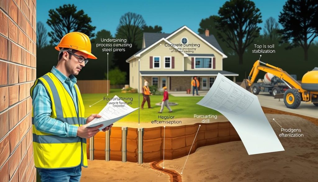 A detailed illustration showcasing various foundation repair methods, set in a well-lit construction site. In the foreground, a professional engineer in a hard hat and safety vest examines a foundation wall using blueprints, embodying an atmosphere of expertise and diligence. The middle ground features several repair techniques: underpinning processes using steel piers, a concrete pumping setup, and a soil stabilization drill being utilized, with workers in casual work attire ensuring safety protocols. The background includes a residential home with a slight foundation crack visible, surrounded by equipment like excavators and cement mixers. The lighting is bright, resembling daylight, highlighting the essential features of the repair processes. The overall mood is one of professionalism and proactive problem-solving in construction. A detailed illustration showcasing various foundation repair methods, set in a well-lit construction site. In the foreground, a professional engineer in a hard hat and safety vest examines a foundation wall using blueprints, embodying an atmosphere of expertise and diligence. The middle ground features several repair techniques: underpinning processes using steel piers, a concrete pumping setup, and a soil stabilization drill being utilized, with workers in casual work attire ensuring safety protocols. The background includes a residential home with a slight foundation crack visible, surrounded by equipment like excavators and cement mixers. The lighting is bright, resembling daylight, highlighting the essential features of the repair processes. The overall mood is one of professionalism and proactive problem-solving in construction.