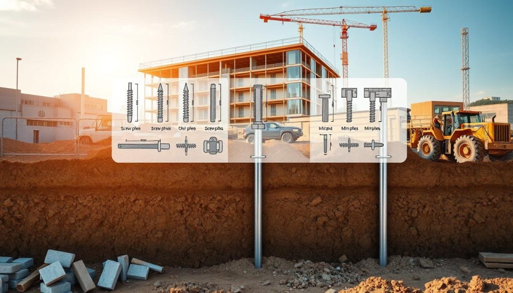A detailed illustration showcasing various underpinning methods in a construction context. In the foreground, depict a trench dug deep into the earth, revealing piles of concrete blocks and a workers' toolset, emphasizing an active construction site. In the middle, illustrate different underpinning techniques, including screw piles and mini-piles, accompanied by schematic diagrams demonstrating their applications. The background should feature a partially constructed building, with scaffolding and cranes. The scene is set during the day, with soft natural sunlight illuminating the work area. Use a wide-angle lens effect to capture the expansive construction site atmosphere, conveying a sense of progress and engineering precision. The mood is professional and industrious, highlighting the importance of underpinning methods in modern construction.