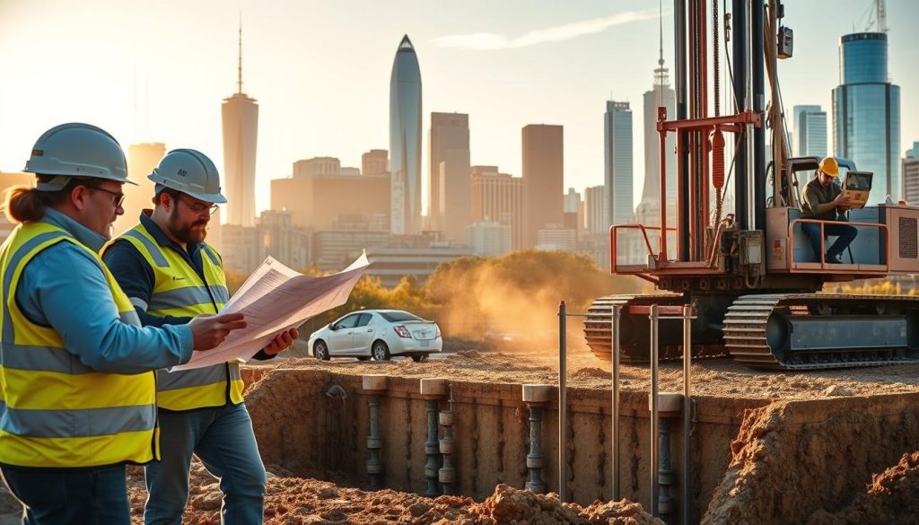 A detailed image of a construction site in Melbourne showcasing micropile underpinning methods. In the foreground, depict well-equipped engineers in professional attire, examining blueprints and discussing plans beside a rig. The middle ground features a drilling rig actively installing micropiles into a foundation, with workers in hard hats operating machinery, emphasizing teamwork and safety. In the background, reflect the urban Melbourne skyline with recognizable landmarks, bathed in warm afternoon sunlight to create an optimistic atmosphere. Capture a dynamic composition with a moderate angle. Use a slightly wide lens to include activity depth, highlighting the interaction between machinery and professionals while ensuring clarity and focus on the method design ground.