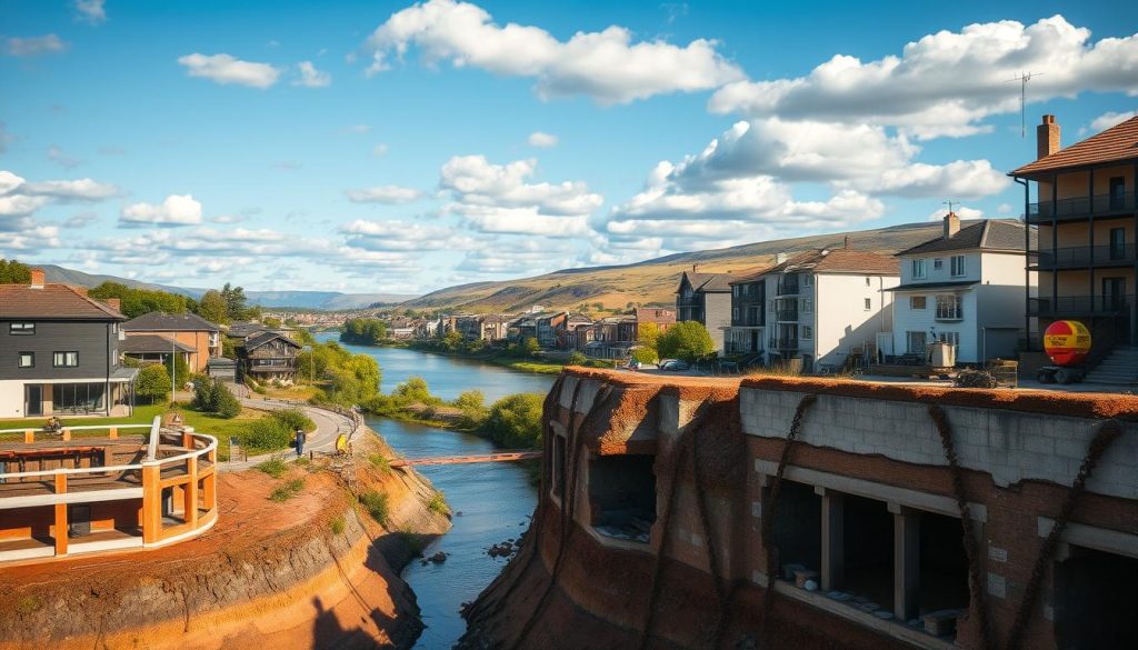 A detailed image of a settlement showcasing architectural foundations built on alluvial soils near the Yarra River. In the foreground, depict various buildings in a mixed architectural style, highlighting foundation work, such as exposed concrete and soil layers, emphasizing the stability concerns. The middle ground features the Yarra River with lush greenery along its banks, and water reflecting sunlight. In the background, show gentle hills under a blue sky with soft, fluffy clouds. Include scattered construction equipment and survey markers to suggest ongoing foundation assessments. Use warm, natural lighting to evoke a serene yet cautious mood, captured from a slightly elevated angle to provide depth and context. The overall atmosphere should be professional and informative without distractions.