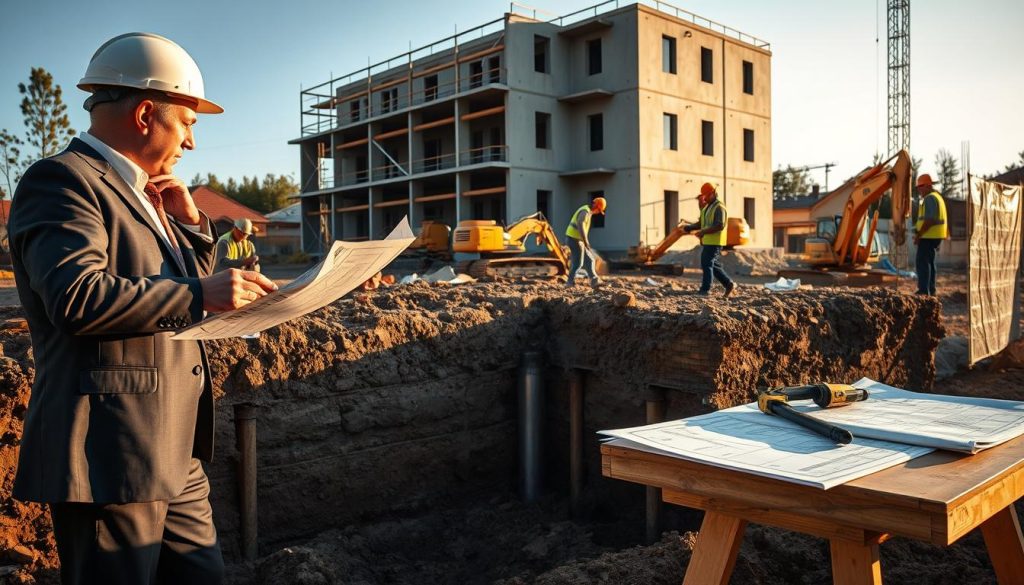 A detailed, informative scene illustrating various underpinning methods in a construction setting. In the foreground, a professional engineer in business attire examines a site plan while standing beside a partially excavated foundation, showcasing underpinning techniques such as pile installation and concrete underpinning. In the middle ground, construction workers in hard hats are actively performing reinforcement tasks with machinery, demonstrating the rectification solutions in action. The background features a partially constructed building, with clear blueprints visible on a nearby table. The late afternoon sunlight casts dynamic shadows, highlighting the textured surfaces of the foundation and tools. The atmosphere is focused and industrious, emphasizing safety and precision in construction practices.