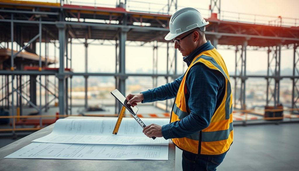 A detailed inspection scene showcasing an engineer in a hard hat and safety vest, meticulously examining blueprints on a large construction table. In the foreground, the engineer is focused, using a ruler and digital tablet to check compliance standards. The middle layer features a well-lit construction site with scaffolding and sturdy support structures, reflecting high safety and engineering standards. The background reveals a clear sky and distant city skyline, emphasizing the project's significance. Soft, natural lighting enhances the professionalism of the scene, with a slight focus blur on the background to draw attention to the inspection task. The overall mood conveys diligence, reliability, and a commitment to engineering excellence.
