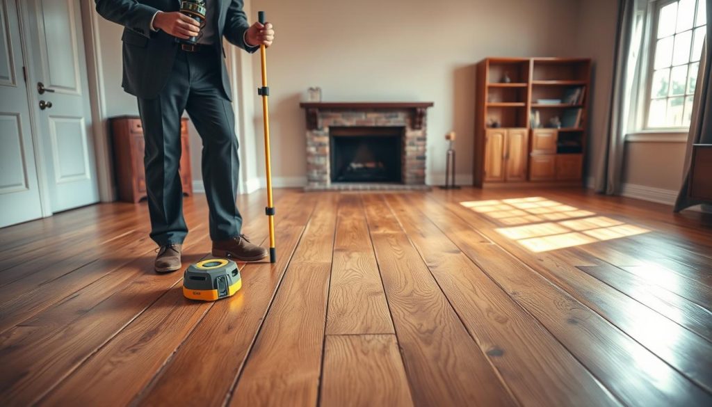 A detailed interior scene of a home inspection, focusing on a living room with noticeably uneven floors. In the foreground, depict a professional home inspector in smart casual clothing, using a laser level tool to assess the floor's angle. The middle ground showcases a visibly warped wooden floor, with subtle gaps between the boards and slight bowing towards the center. In the background, a window casts natural light into the room, highlighting dust motes in the air and revealing signs of settling such as cracks in the wall and a tilted bookshelf. The atmosphere is serious yet informative, conveying the importance of identifying foundation issues, with warm, inviting colors to give a sense of familiarity while emphasizing the need for attention to structural details.