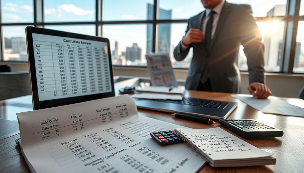 A detailed, professional workspace focusing on cost quote assessment for slab lifting services. In the foreground, a well-organized desk with a laptop displaying a detailed spreadsheet with figures and quotes related to slab lifting projects. Beside it, a notepad filled with handwritten notes and a calculator. In the middle ground, a person in smart business attire, attentively discussing prices with a client, conveying a sense of professionalism and trust. In the background, a large window showing a sunny Melbourne skyline, providing natural light that illuminates the scene, enhancing clarity and focus. The overall atmosphere is one of professionalism, clarity, and diligence, suitable for a business-oriented article section. A detailed, professional workspace focusing on cost quote assessment for slab lifting services. In the foreground, a well-organized desk with a laptop displaying a detailed spreadsheet with figures and quotes related to slab lifting projects. Beside it, a notepad filled with handwritten notes and a calculator. In the middle ground, a person in smart business attire, attentively discussing prices with a client, conveying a sense of professionalism and trust. In the background, a large window showing a sunny Melbourne skyline, providing natural light that illuminates the scene, enhancing clarity and focus. The overall atmosphere is one of professionalism, clarity, and diligence, suitable for a business-oriented article section.