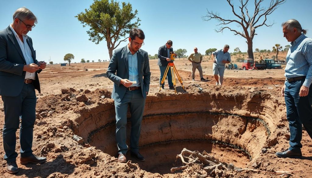 A detailed, realistic depiction of an investigation site focused on underpinning techniques for structures in a clay soil area affected by tree roots and drought. In the foreground, a diverse team of three professionals in business attire, including an engineer examining soil samples and a technician using a surveying tool. In the middle ground, an excavation pit reveals clay strata with exposed tree roots, showing signs of drought stress. The background features a sunny landscape, with sparse vegetation and a clear blue sky, indicating dry conditions. High-contrast lighting emphasizes the textures of the soil and tree roots. The composition should convey focus and expertise, highlighting local knowledge and the challenges faced in such environments. Use a wide-angle lens for an expansive view.