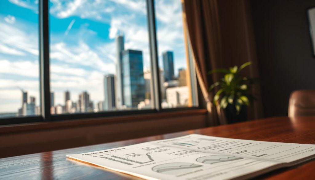 A detailed report on tree roots and foundation movement in Melbourne, displayed prominently in the foreground, featuring a professional-looking document on a polished wooden desk. The report includes diagrams and compliance timelines, illustrated with subtle graphs and charts. In the middle ground, a soft-focus image of a vibrant urban landscape of Melbourne, with iconic buildings and greenery, reflects the connection between nature and infrastructure. The background showcases a clear blue sky with wisps of clouds, evoking a sense of hope and growth. The scene is well-lit with warm, natural light streaming in from a nearby window, creating an engaging and informative atmosphere, suitable for a professional audience.