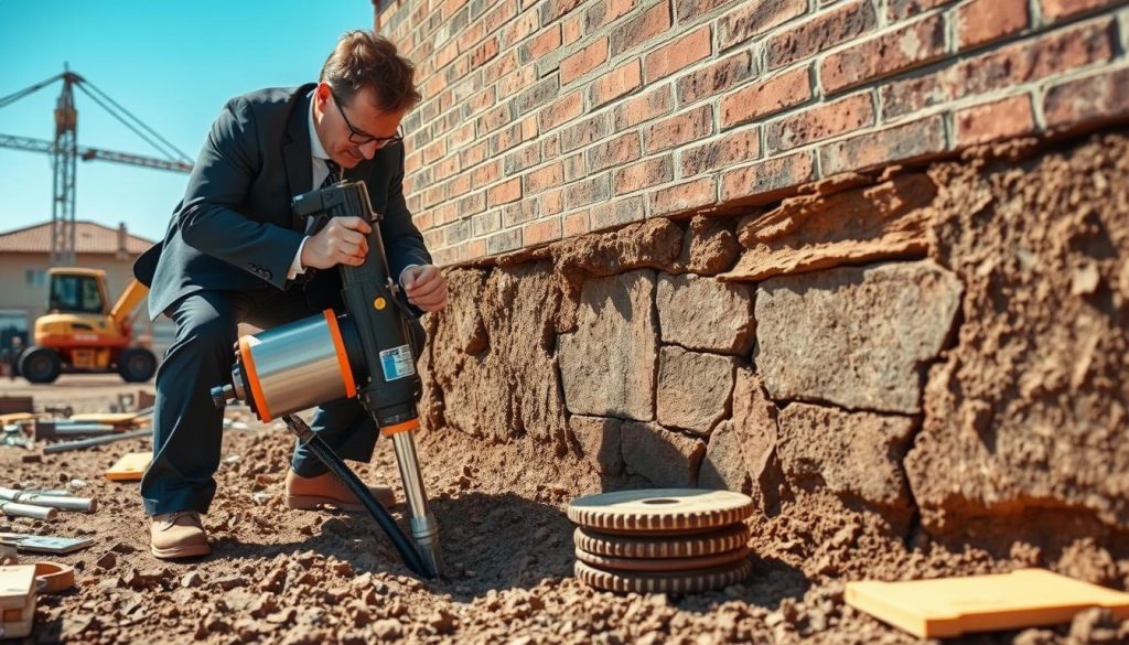 A detailed scene depicting a resin injection process in a construction setting. In the foreground, a technician in professional business attire carefully operates a resin injection pump, demonstrating precision and focus. The middle ground features a partially excavated foundation wall, showcasing cracks and structural issues being addressed by the resin. Nearby, tools and materials related to underpinning solutions are neatly arranged. In the background, construction equipment and a clear blue sky indicate an active worksite in Darebin. The lighting is bright and natural, enhancing the clarity of the process, while the camera angle is slightly elevated, offering a comprehensive view of the scene. The overall mood is professional and industrious, emphasizing safety and expertise in underpinning techniques.