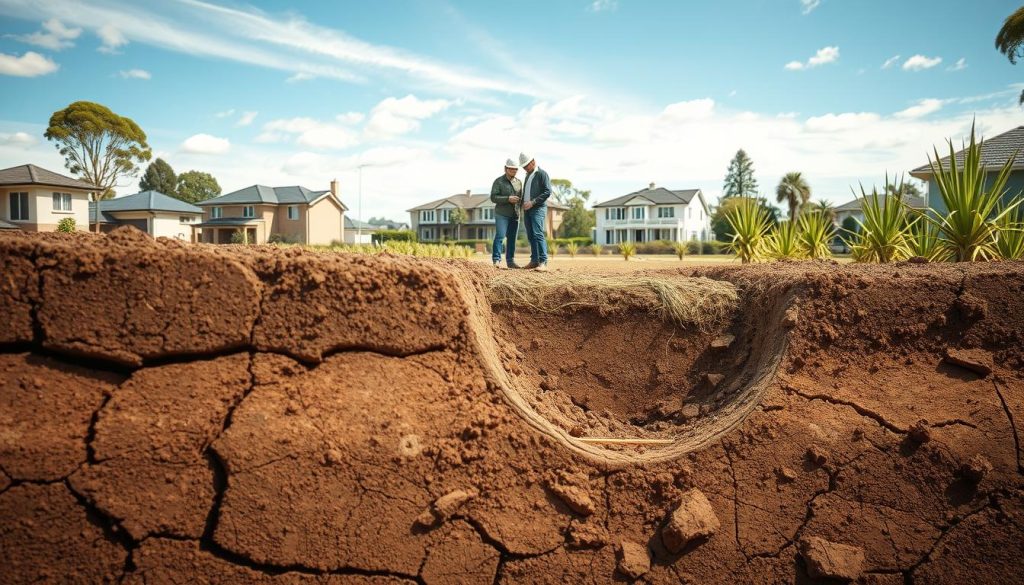 A detailed scene depicting soil movement in Melbourne’s reactive clay, illustrating the impact of drought and drainage issues. In the foreground, cracked earth and shifting soil layers reveal signs of subsidence, highlighting the delicate balance of moisture levels. In the middle ground, a trench revealing needle beam underpinning techniques, with construction workers in professional attire analyzing the site. The background showcases a suburban Melbourne landscape with typical houses and drought-resistant plants under a blue sky, hinting at the ongoing effects of environmental challenges. Utilize soft natural lighting to create a subtle contrast between the earthy tones of the soil and the vibrant greens of resilient vegetation. Capture this scene from a slightly elevated angle for a comprehensive view, conveying a sense of urgency and the importance of addressing these geological challenges.