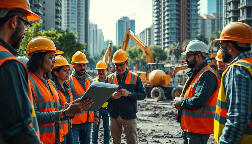 A detailed scene depicting the engineering process in urban infrastructure development. In the foreground, a diverse group of professionals in hard hats and safety vests discuss plans on a digital tablet, showcasing teamwork. In the middle ground, heavy machinery like excavators and concrete mixers are at work, symbolizing the construction phase, while engineers inspect compliance with building codes. In the background, city buildings and greenery merge, illustrating the balance between development and nature. The atmosphere is dynamic and focused, with natural daylight illuminating the scene, casting soft shadows. The angle captures action and collaboration, reinforcing an engineering-led approach that aims to minimize disruption to the community.