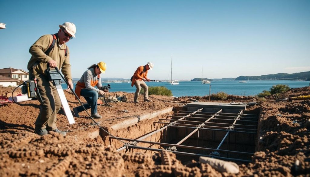 A detailed scene depicting the underpinning process for strengthening foundations in Port Phillip. In the foreground, a professional team of skilled workers in modest casual clothing operates specialized tools and equipment, showcasing their expertise in a confident yet focused manner. The middle ground features a partially excavated foundation, highlighting steel reinforcements and concrete being poured to support the structure. In the background, the picturesque Port Phillip Bay with a clear blue sky represents stability and trust. Soft, natural lighting illuminates the scene, enhancing the texture of the materials while casting gentle shadows, creating an atmosphere of diligence and professionalism. The angle is slightly elevated to provide a comprehensive view of the ongoing process, ensuring clarity and depth in the image composition.