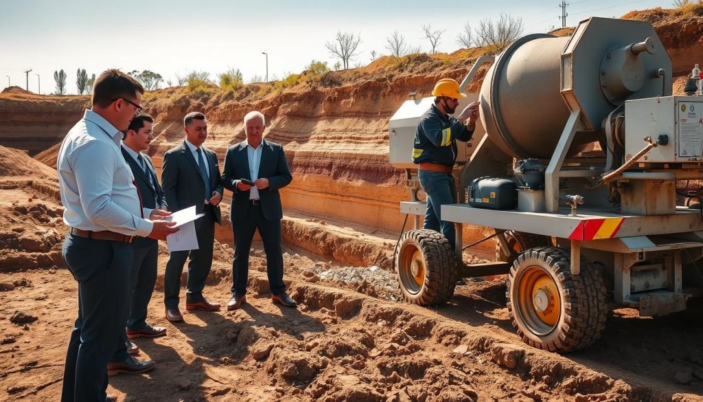 A detailed scene illustrating geopolymer soil stabilization techniques, focused on a construction site in Melbourne. In the foreground, a professional team in business attire analyzes soil samples and discusses stabilization methods. In the middle ground, a worker operates a modern geopolymer mixing machine, blending materials in a large concrete mixer, showcasing the innovative technology being used. The background features a partially excavated area of soil with visible layers, emphasizing the difference between traditional and modern underpinning methods. The setting is bathed in warm, natural daylight, creating a focused and professional atmosphere. Capture the dynamic of teamwork and advanced technology, utilizing a slightly elevated angle to encompass both human activity and the landscape, while maintaining clarity and detail in the construction equipment.